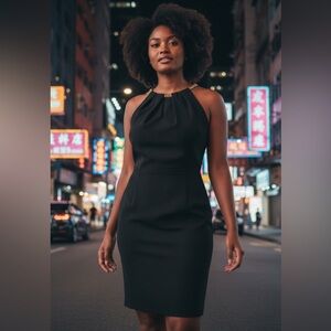 ASHLEY GRAHAM BLACK SLEEVELESS FORMAL GOLD CHAIN HALTER STYLE MIDI DRESS SZ 14